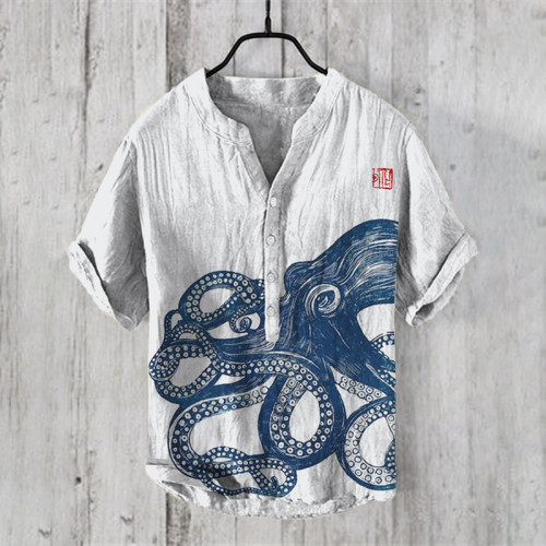 Men's Japanese Art Octopus Button Cotton Linen Shirt