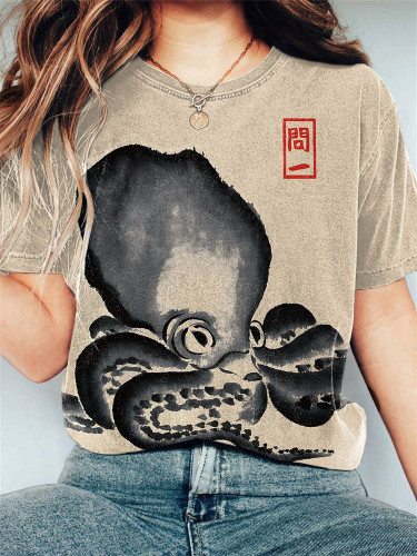 Vintage Octopus Japanese Art Print Casual Cotton T-Shirt