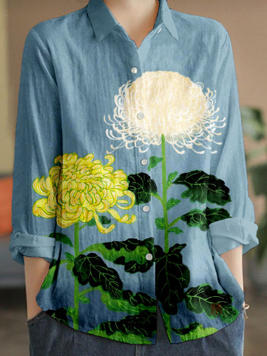 Japanese Chrysanthemum Art Linen Blend Blouse