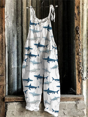 Sharks Embroidery Pattern Linen Blend Casual Jumpsuit