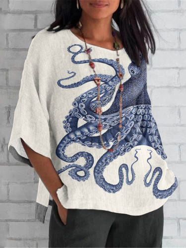Japanese Art Octopus Print Loose T-Shirt