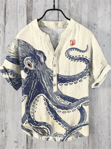 Japanese Art Vintage Octopus Graphic Linen V-Neck Shirt