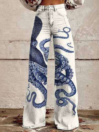 Japanese Art Octopus Print Wide Leg Jeans