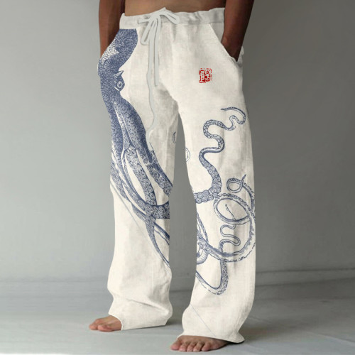 Japanese Art Octopus And Crab Print Casual Linen Blend Pants