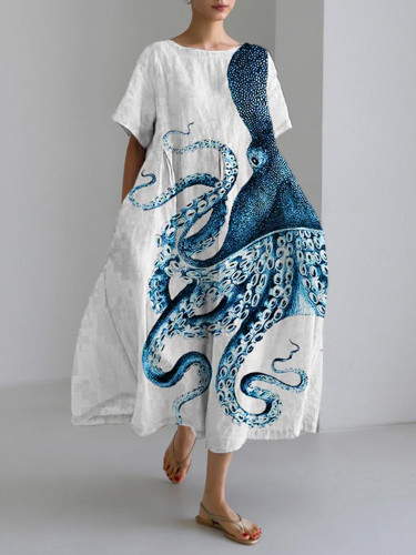 Octopus Ocean Art Linen Blend Maxi Dress