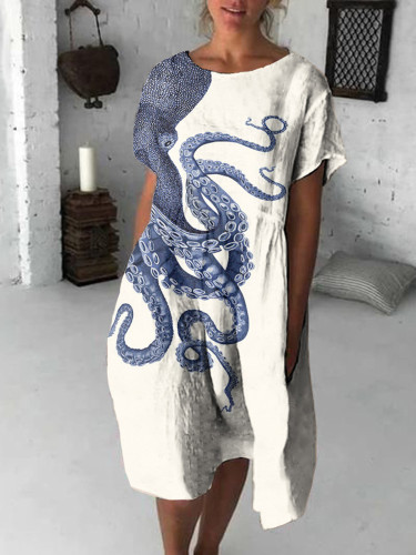 Japanese Art Octopus Print Crew Neck Loose Midi Dress