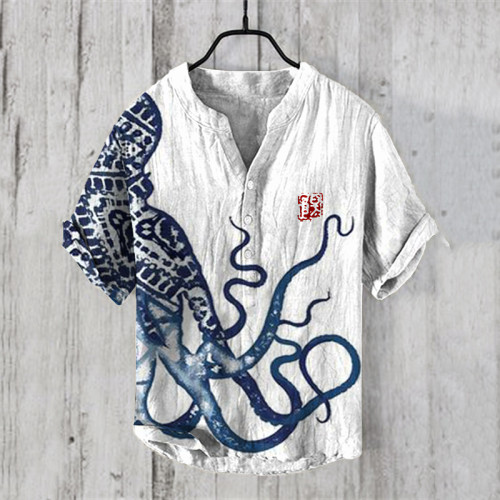 Japanese Art Vintage Octopus Graphic Painting Linen V-Neck Shirt