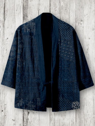 Japanese Traditional Sashiko Art Linen Blend Kimono Cardigan