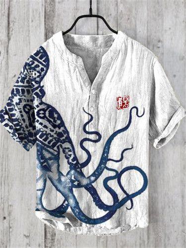 Japanese Art Vintage Octopus Graphic Painting Linen V-Neck Shirt