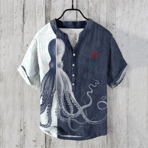 Japanese Art Contrast Octopus Print V-Neck Short Sleeved Shirt