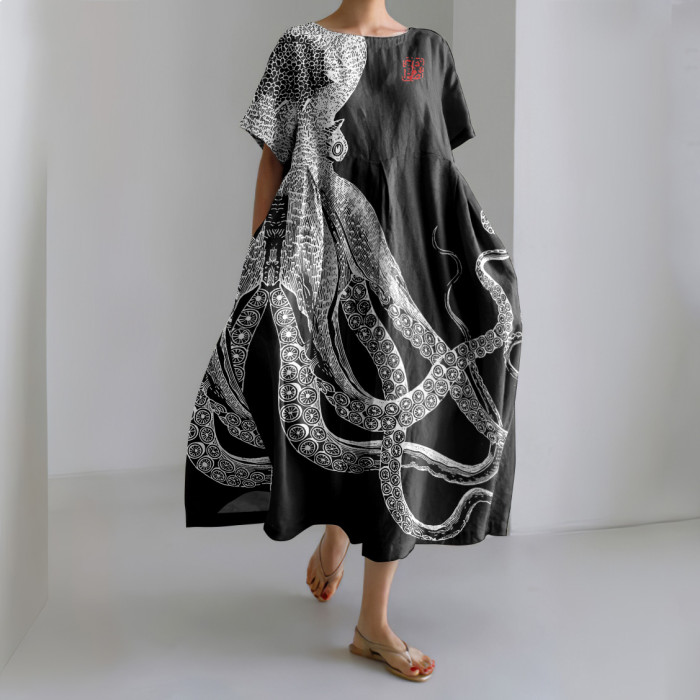 Japanese Art Octopus And Crab Print Casual Art Linen Blend Maxi Dress