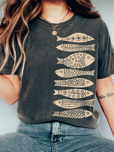 Fish Japanese Lino Art Vintage Washed T Shirt