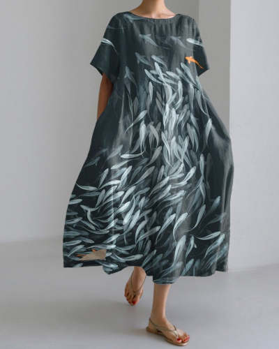 Japanese Art Fish School Short Sleeve Midi Dress