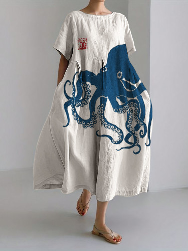 Octopus Japanese Lino Art Linen Blend Maxi Dress