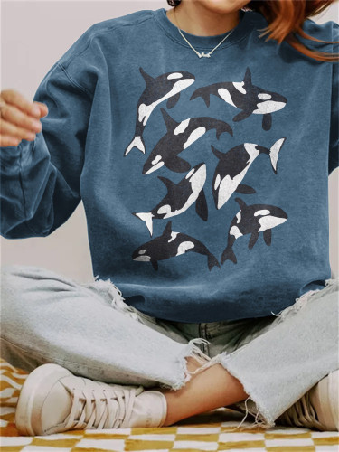 Whale Print Casual Crew Neck Sweatshirt