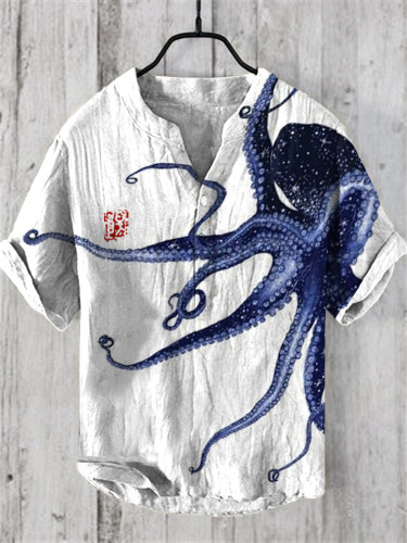 Japanese Octopus Art Print V-Neck Short Sleeved Shirt