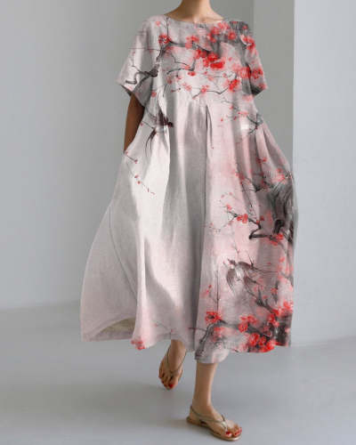 Ink Gradient Plum Blossom Short Sleeve Midi Dress
