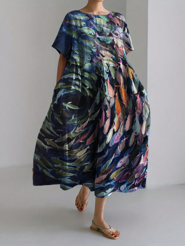Colorful Fish Oil Painting Linen Blend Maxi Dress