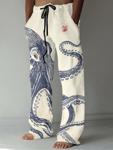 Casual Painting Art Octopus Print Linen Blend Pants