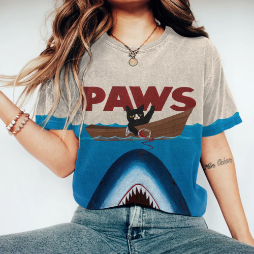 Shark Cat Print Crew Neck Short Sleeve T-Shirt