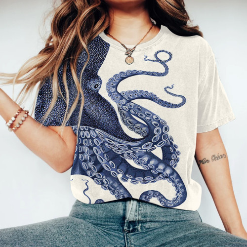 Japanese Art Octopus Graphic Printed Casual T-Shirt