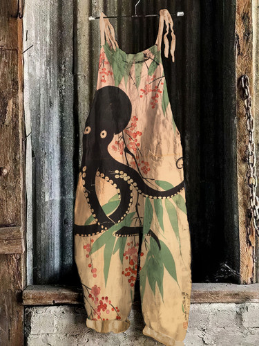 Vintage Japanese Art Octopus Blossom Print Loose Jumpsuit
