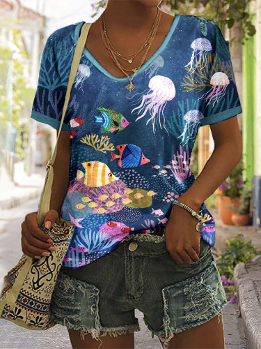 Women's Casual Sea Animal Print V-Neck Short Sleeve T-Shirt