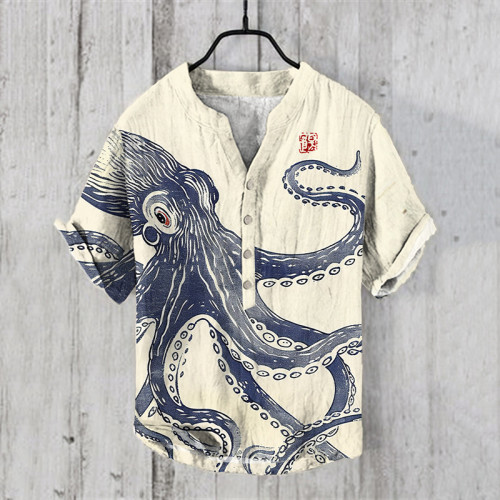 Japanese Art Vintage Octopus Graphic Linen V-Neck Shirt