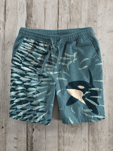Orca And Herring Art Print Casual Linen Shorts