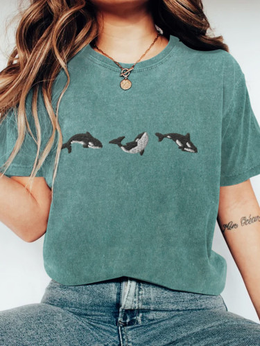 Whale Print Crew Neck Casual T-Shirt