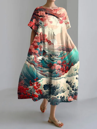 Wave Floral Japanese Art Loose Short Sleeved Midi Dress
