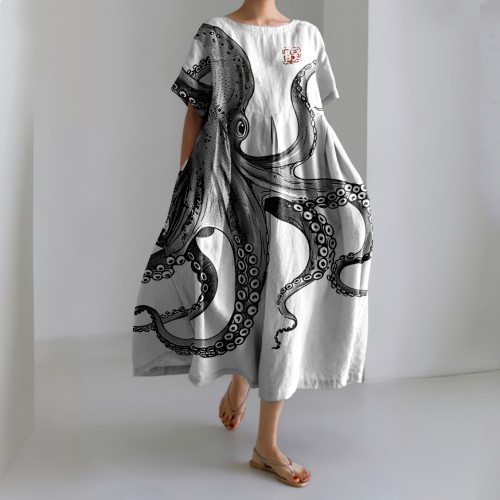 Japanese Art Vintage Octopus Print Casual Midi Dress