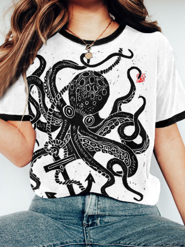 Octopus Japanese Lino Art Contrast Vintage T Shirt