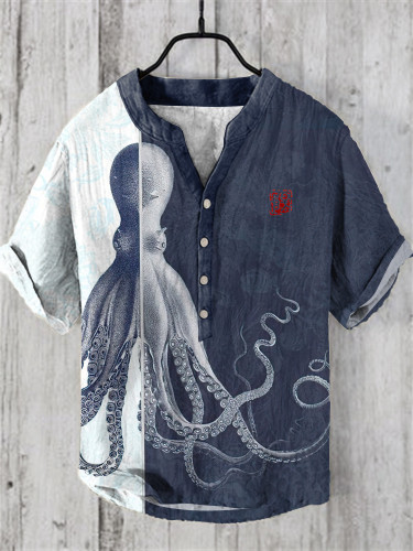 Japanese Art Contrast Octopus Print V-Neck Short Sleeved Shirt