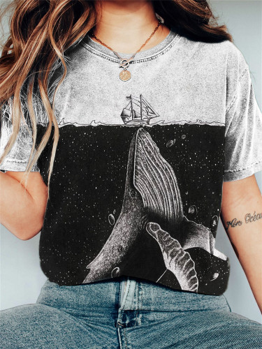 Whale & Ship Contrast Color Art Vintage T Shirt