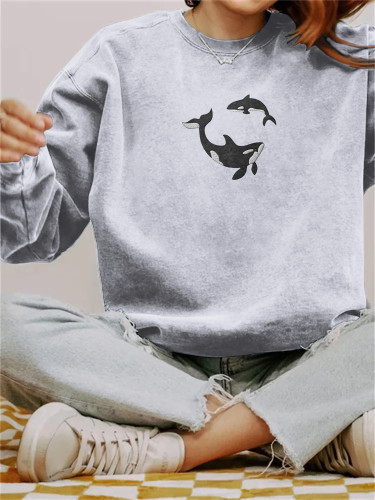 Whale Print Crew Neck Long Sleeve Sweatshirt