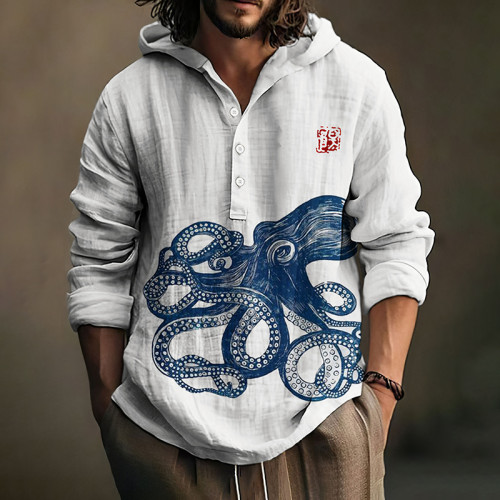 Japanese Art Octopus Printed Button Linen Blend Casual Hoodie