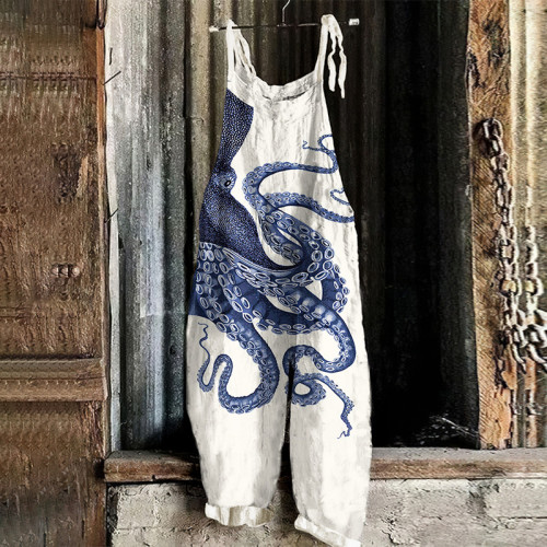 Japanese Art Octopus Print Loose Casual Jumpsuit