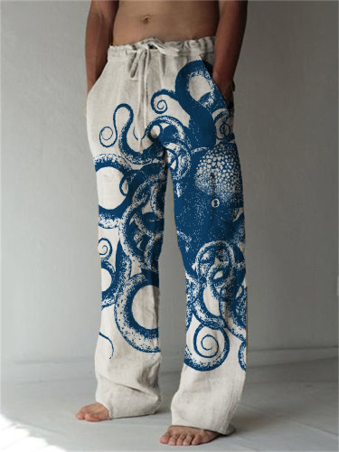 Giant Octopus Art Linen Blend Casual Pants