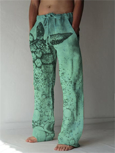 Sea Turtle Lino Art Linen Blend Casual Pants