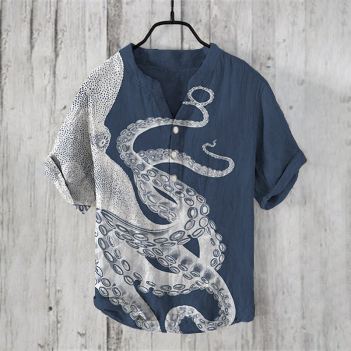 Japanese Art Octopus Graphic Printed Short Sleeve Shirt