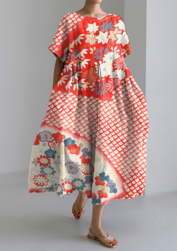 Japanese Art Flower Print Round Neck Short Sleeve Loose Midi Dress