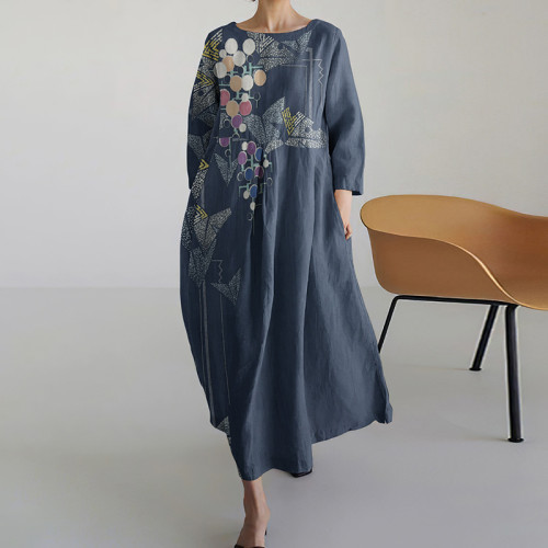 Flower Print Round Neck Loose Midi Dress