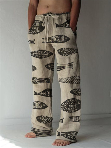 Fish Japanese Lino Pattern Linen Blend Casual Pants