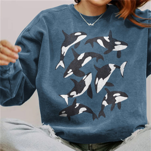 Whale Print Casual Crew Neck Sweatshirt