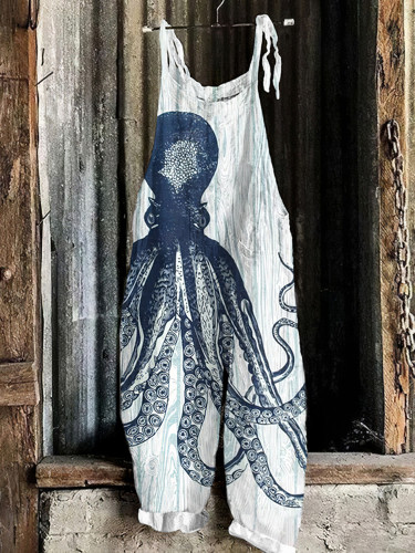 Japanese Art Octopus Print Linen Blend Casual Jumpsuit