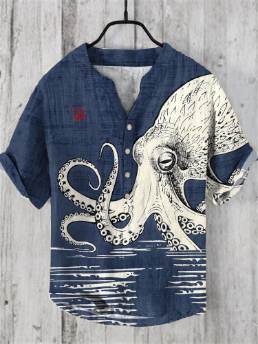 Japanese Art Vintage Octopus Graphic Sea World Linen V-Neck Shirt