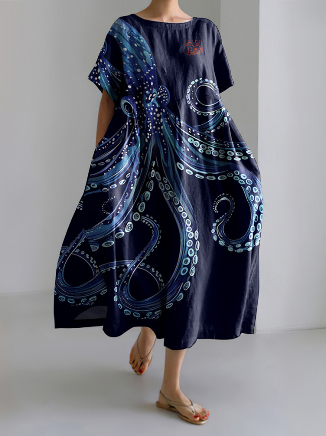 Japanese Art Octopus Print Casual Midi Dress