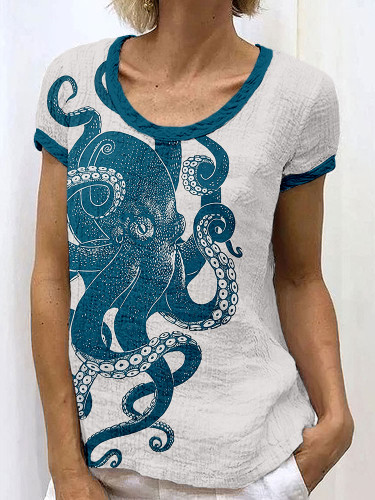 Ocean Octopus Lino Art Linen Blend Crew Neck Shirt