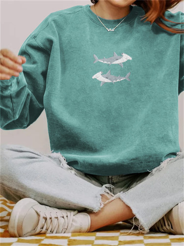 Shark Print Round Neck Long Sleeve Casual Sweatshirt